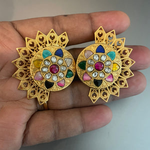 The Elegant gold tone Navaratna Stud Earrings - Navam