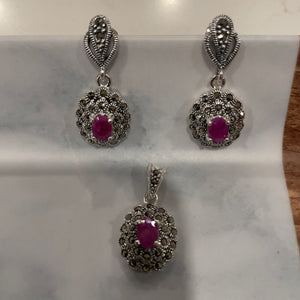 The Ruby and Marcasite  Silver Pendant Set