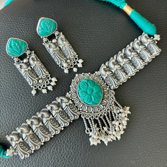 The turquoise  nakshi Choker Silver  Necklace - Kavya