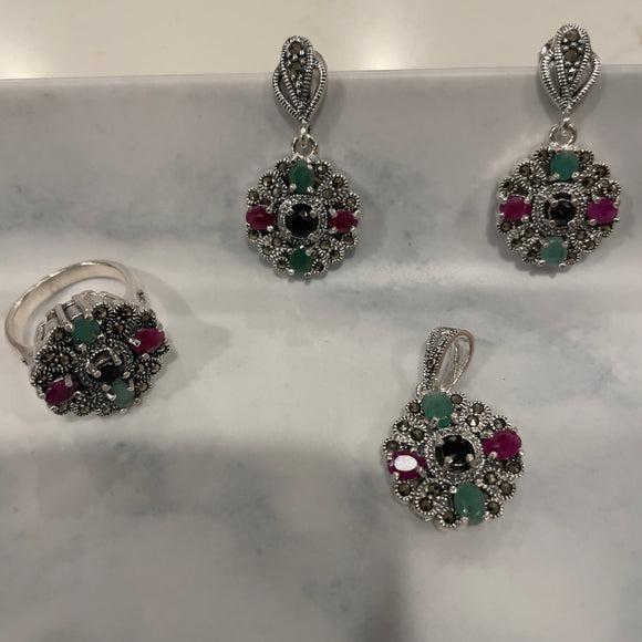 The Emerald ,Ruby and Marcasite  Silver Pendant Set