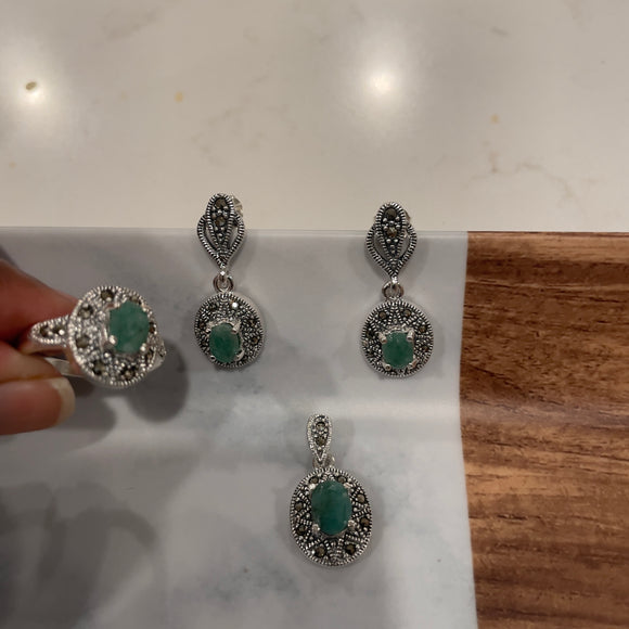 The Emerald and Marcasite  Silver Pendant Set