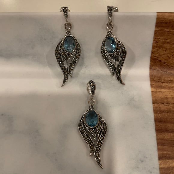 The Blue Topaz  and Marcasite  Leaf Silver Pendant Set