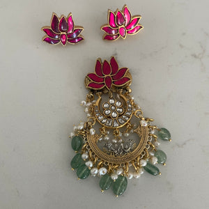 The Lotus Kundan Silver Pendant Set - Pankajam