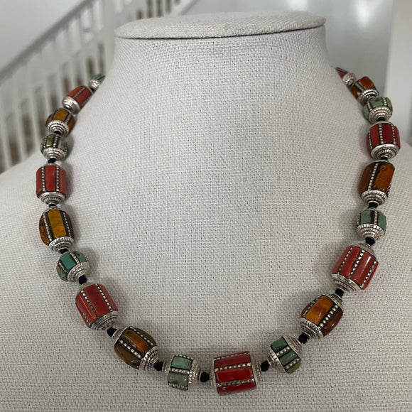 The Vintage  Multi Gemstone Beaded Silver Necklace -