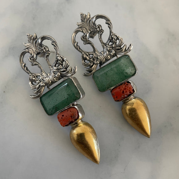 The Statement Coral and Green Onyx Silver Earrings