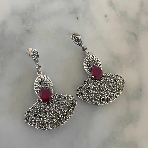 The Marcasite Pink Stone Silver Earrings