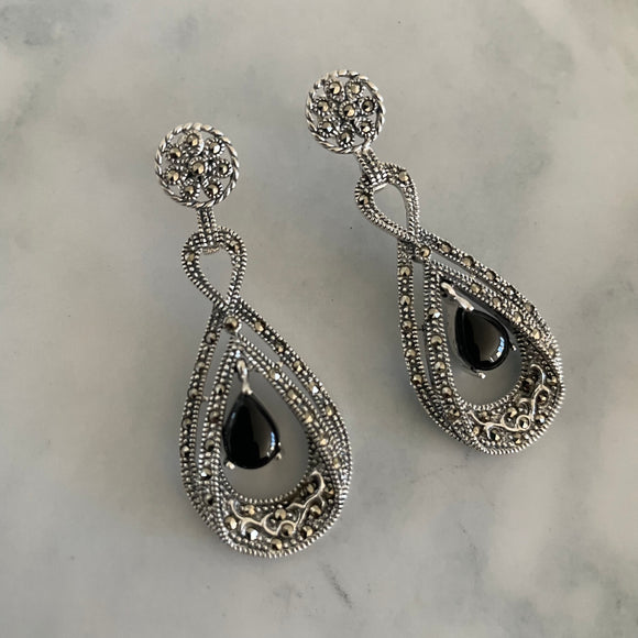 The Marcasite Black Stone Silver Earrings