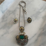 The Green Doublet and Jaal work Silver Pendant Set