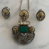 The Green Doublet and Jaal work Silver Pendant Set